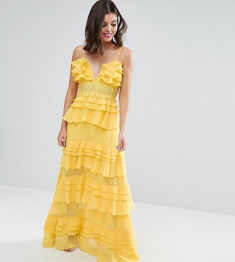 True Decadence Petite - Vestito Lungo Con Scollo Profondo E Volant A Strati - Giallo