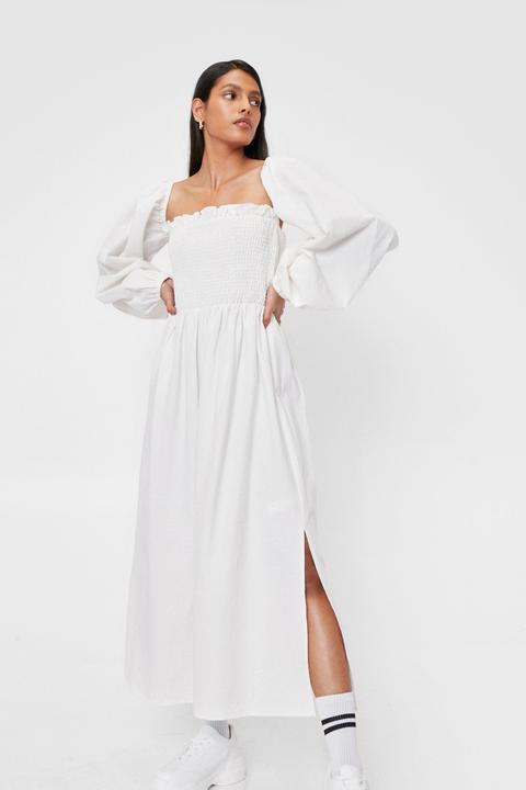 Dressing Gown Longue En Lin À Manches Bouffantes Et Détails Froncés - Blanc - 38, Blanc