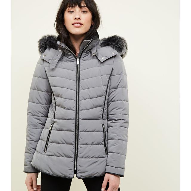 Pale grey faux fur trim hooded puffer outlet coat