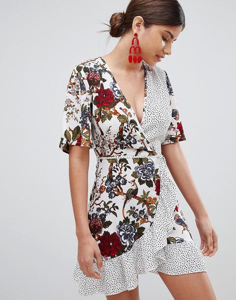 Missguided - Vestito Da Giorno A Portafoglio Con Fiori E Pois - Crema