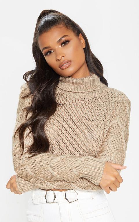 Stone Roll Neck Cable Sleeve Cropped Jumper