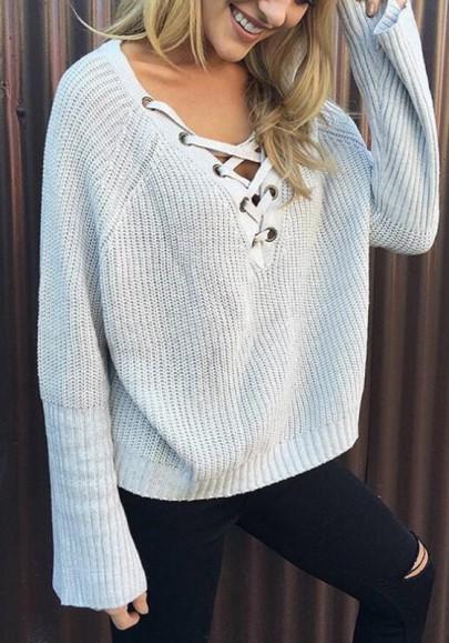 Grey Drawstring V-neck Long Sleeve Pullover Sweater