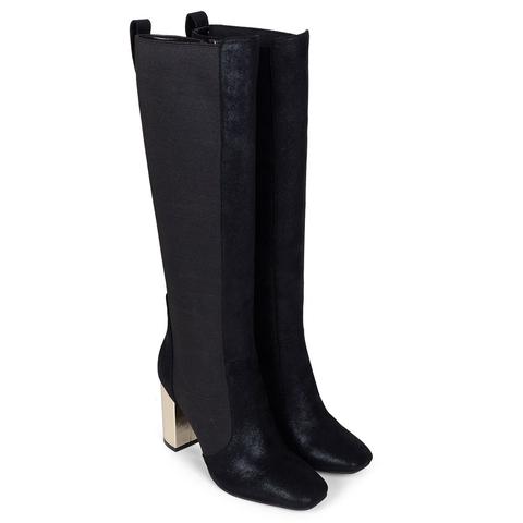 Botas Altas Negras Con Mezcla De Texturas Y Tacón Dorado Botas altas negras con mezcla de texturas y tacón dorado