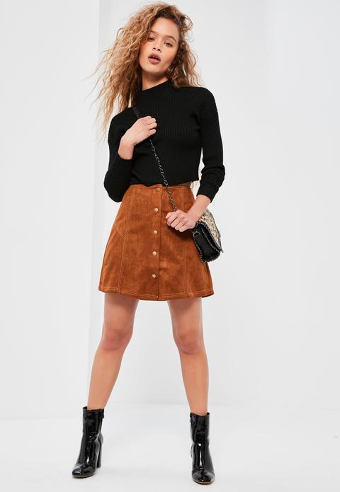 Brown Faux Suede A Line Button Through Mini Skirt