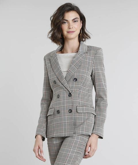 Blazer Feminino Transpassado Estampado Xadrez Com Bolsos Kaki