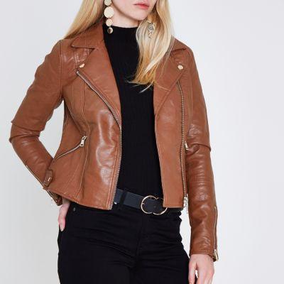 Tan Faux Leather Biker Jacket