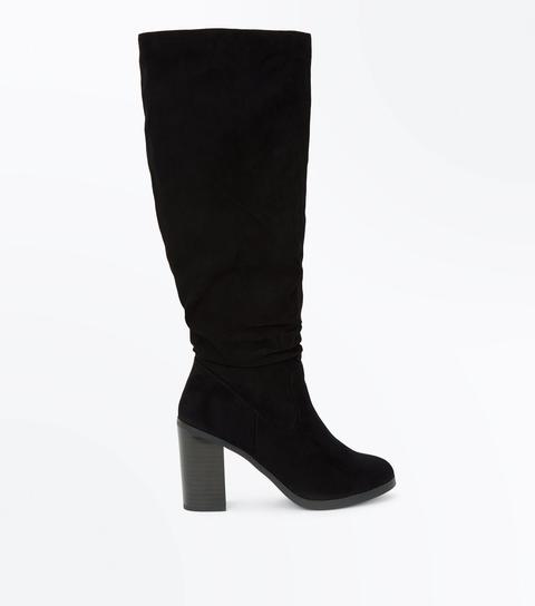 Black Suedette Knee High Block Heel Boots