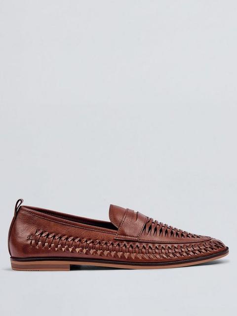 Tan Leather Look Woven Loafers