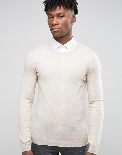 Asos - Maglione Girocollo Attillato In Lana Merino - Beige