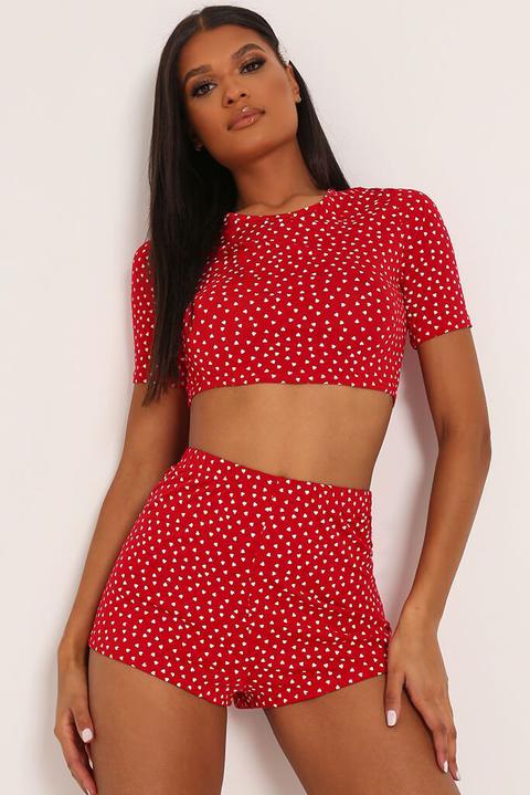 Red Love Heart Crop Top Short Set