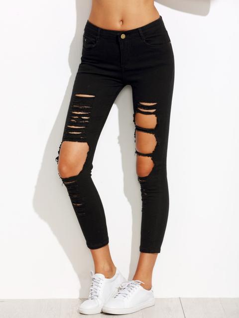 Black Distressing Ripped Knees Jeans