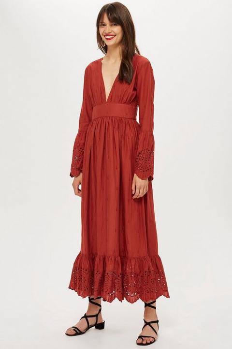Womens Embroidered Plunge Midi Dot Dress - Rust, Rust