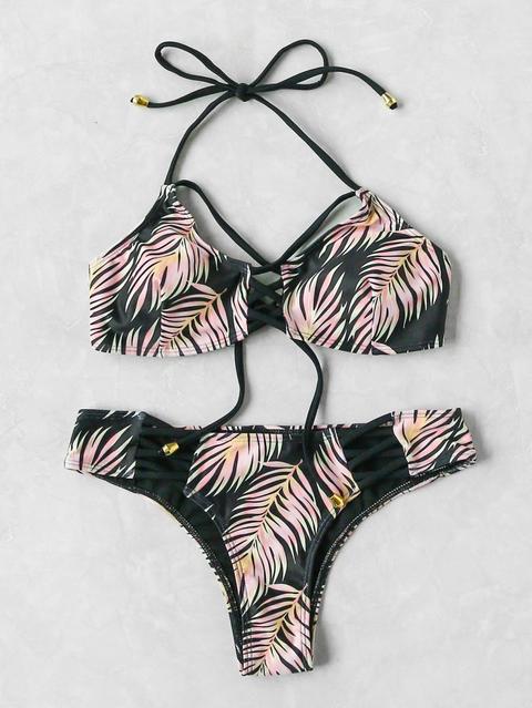 Palm Leaf Print Crisscross Detail Bikini Set