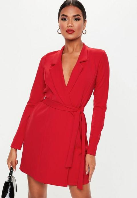 Red Long Sleeve Slim Fit Jersey Belted Wrap Dress, Red