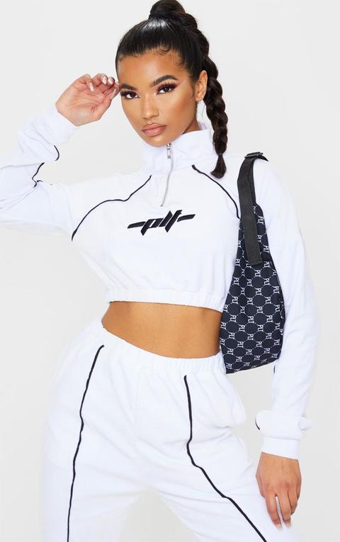 Prettylitlething White Contrast Velour Funnel Neck Stripe Cropped Sweat