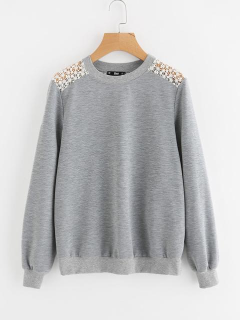 Contrast Dot Crochet Panel Heather Knit Pullover