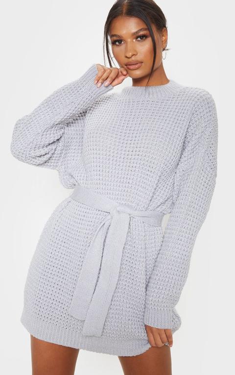 Light Grey Soft Touch Belted Knitted Jumper Dress