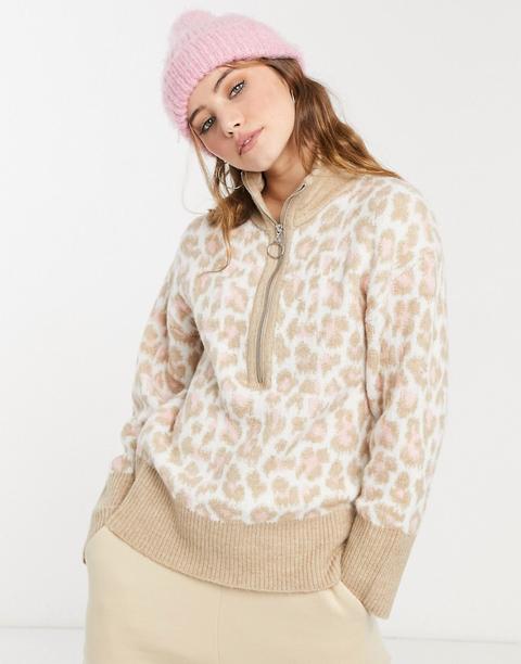 Asos Design Jumper With Zip Through In Animal Pattern-white