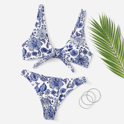 Random Floral Knot Front Top With Cheeky Bikini Set From Shein On