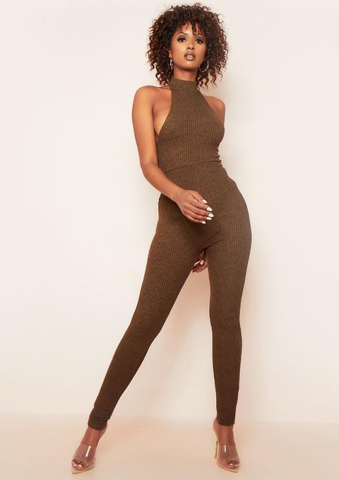 Arla Chocolate High Neck Racer Soft Rib Backless Jumpsuit