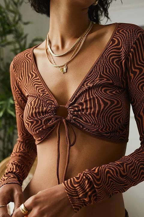 Uo Long Sleeve Savanna Swirl Keyhole Top - Brown L At Urban Outfitters