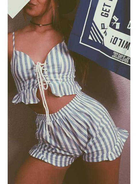 Cami Striped Crop Top And Wide Leg Shorts Suit