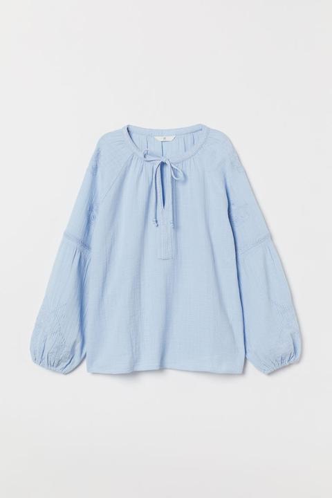 H & M - Cotton Blouse With Embroidery - Blue