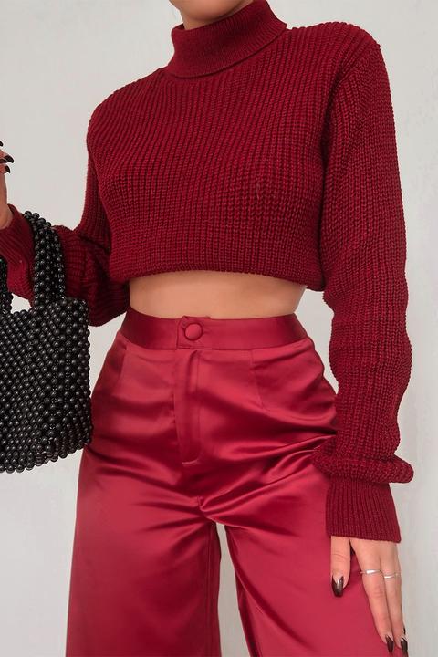 Wine Jumpers - Fashion Influx Wine Rib Roll Neck Crop Jumper