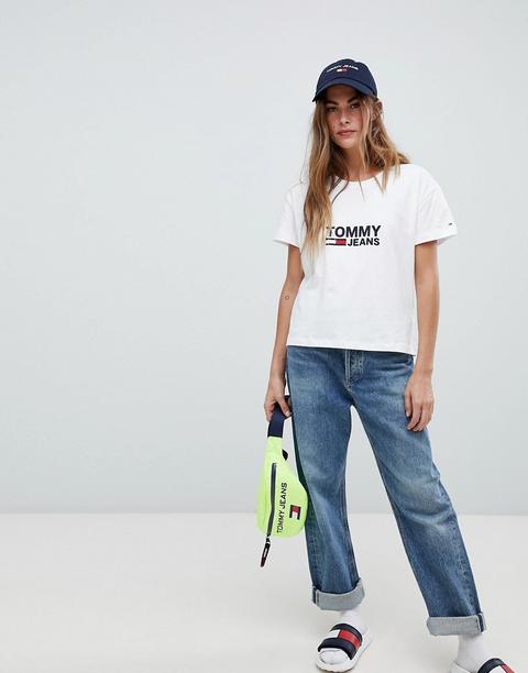 Tommy Jeans - T-shirt Con Classico Logo A Bandiera - Bianco