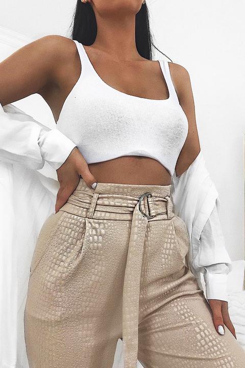 Nude Belted Croc Print Tapered Trousers - Aasia