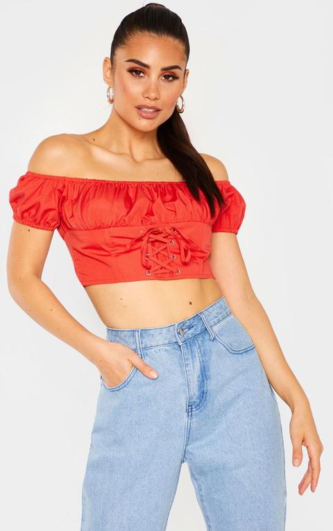 Crop Top Rouge À Manches Ballon Et Laçage, Rouge