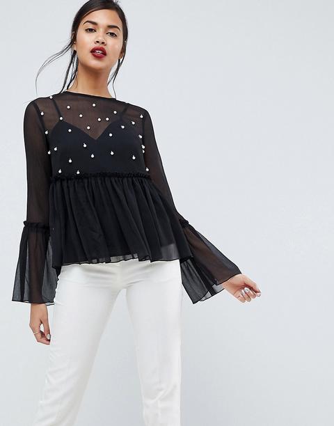 Asos - Top Grembiule Decorato Con Perle - Nero