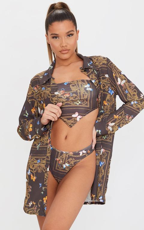 Brown Butterfly Chain Print Beach Shirt