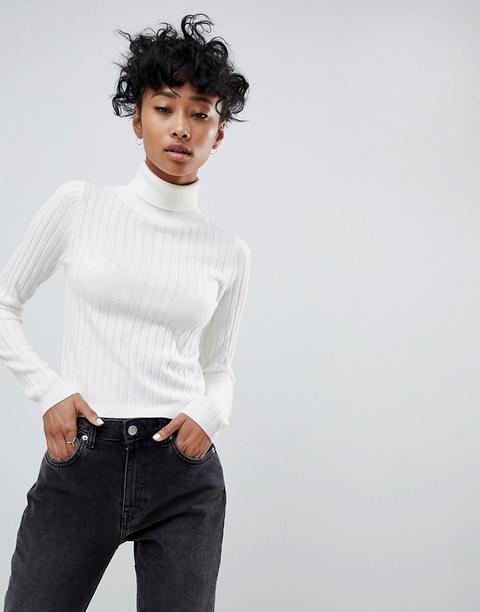 Asos Design Roll Neck Crop Jumper In Rib-cream