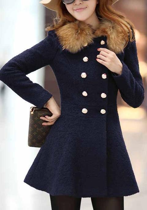 Cappotto Pianura Finto Peplum Collo Di Pelliccia Costeggiava Lana Doppia Petto Blu Marino