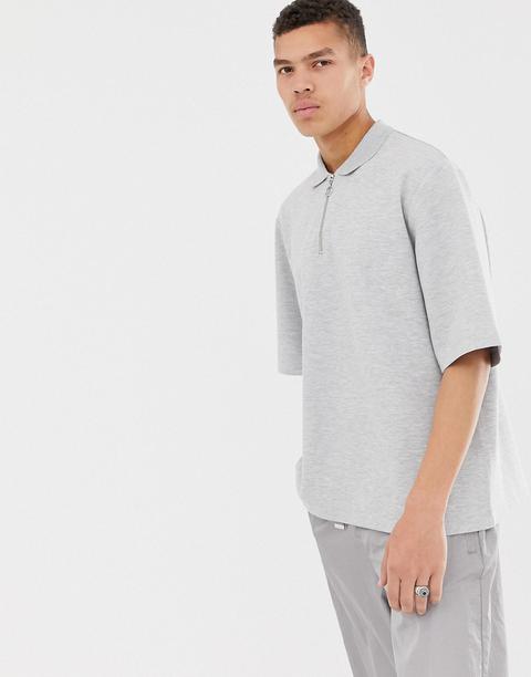 Asos White Oversized Polo In Light Grey Marl Pique With Zip Neck