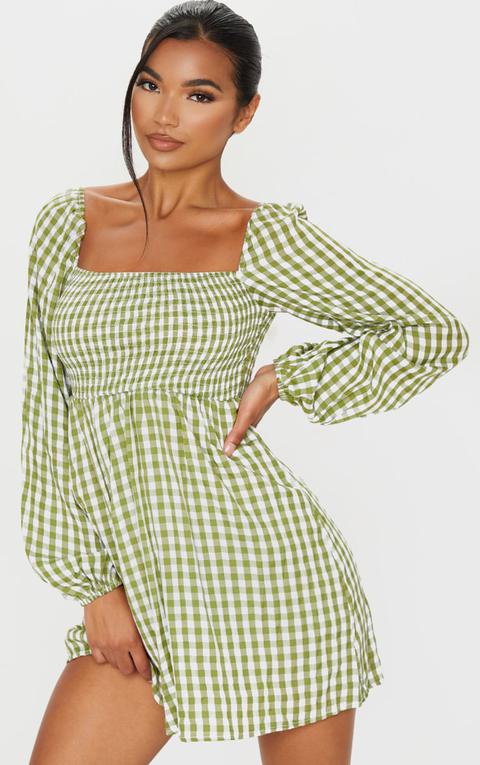 Robe Babydoll Froncée Verte À Imprimé Vichy, Vert