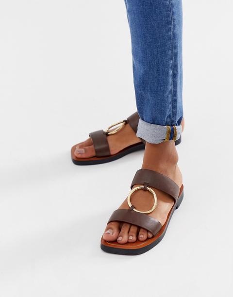 Chinelas De Cuero Con Detalle De Anilla Fresco De Asos Design Premium-marrón