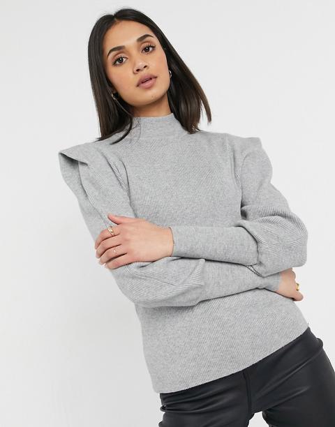 Vila - Pull En Maille Col Montant Avec Épaulettes - Gris