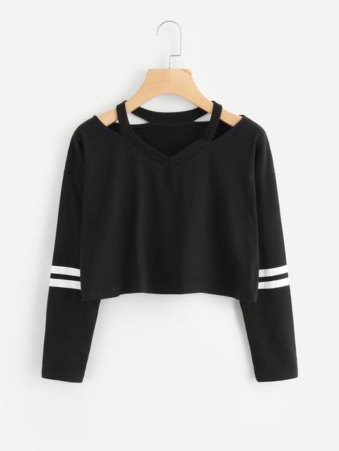 Cut Out Neck Varsity-striped Tee