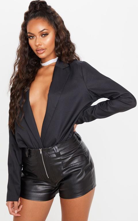 Black Faux Leather Zip Front Short