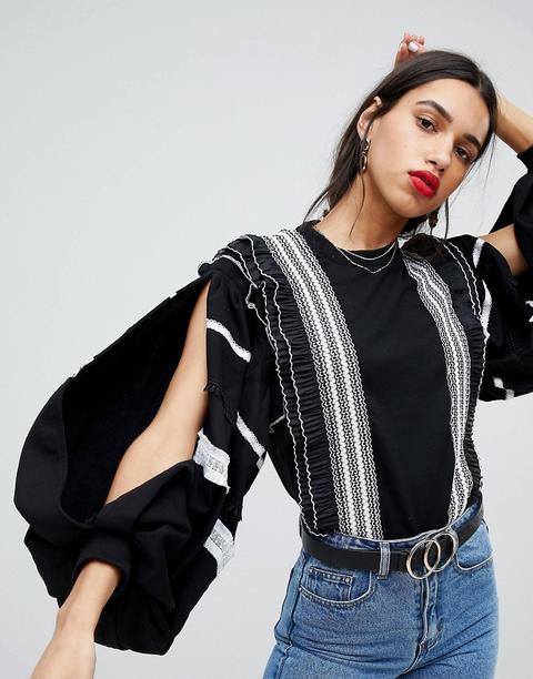Lost Ink - Sweatshirt Mit Übertriebenen Ärmeln Und Besatz - Schwarz