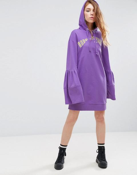 Asos - Vestito Con Cappuccio, Maniche A Campana E Stampa Frammentata - Viola