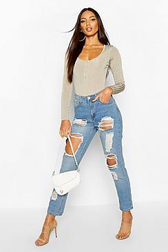 High Waist Distress Mom Jeans