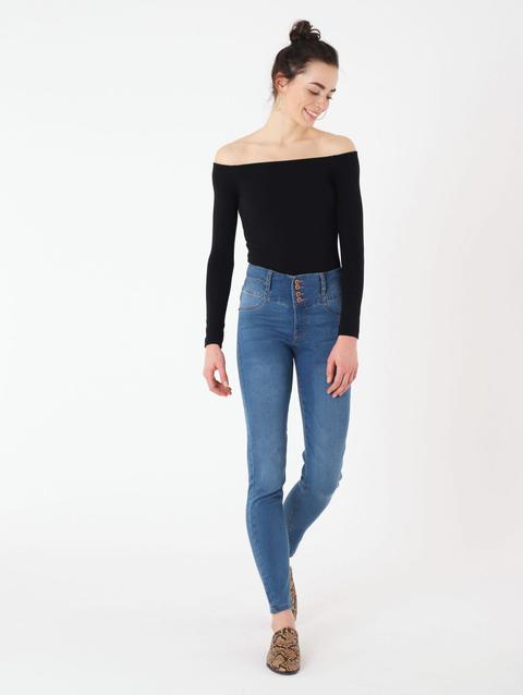 Jeans Skinny Con Bottoni Blu Denim Scuro