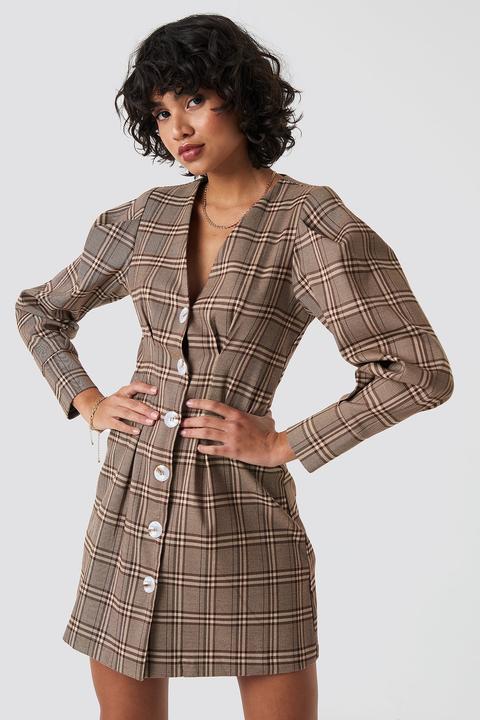 Balloon Sleeve Checkered Blazer Dress