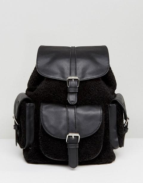 Glamorous - Zaino Nero Con Tasca In Shearling - Nero