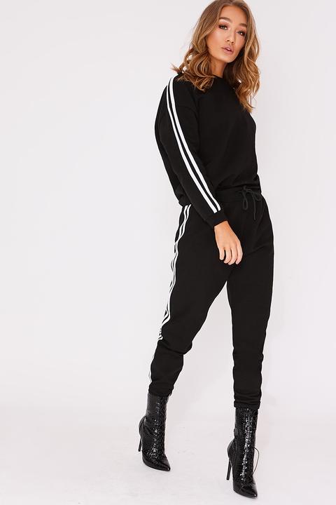 Black Sets - Calli Black Sports Stripe Sweater Loungewear Set