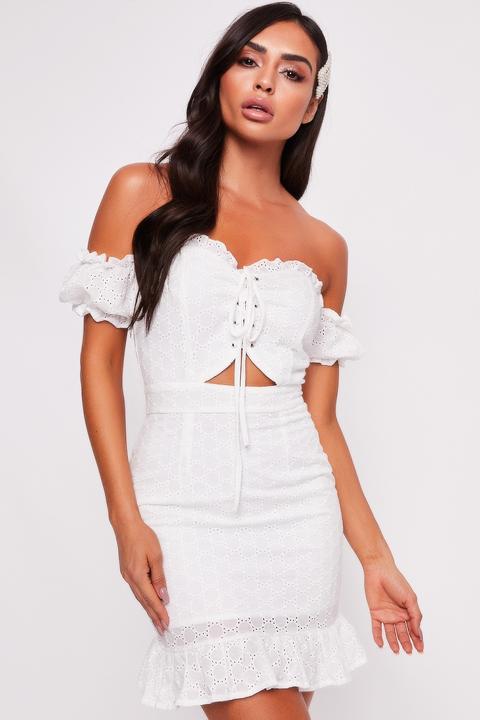 Violet White Broderie Frill Hem Dress