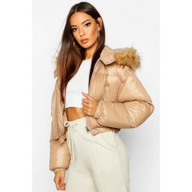 Womens Cire Crop Faux Fur Hood Puffer, Beige Puffer Coat With Fur Hood